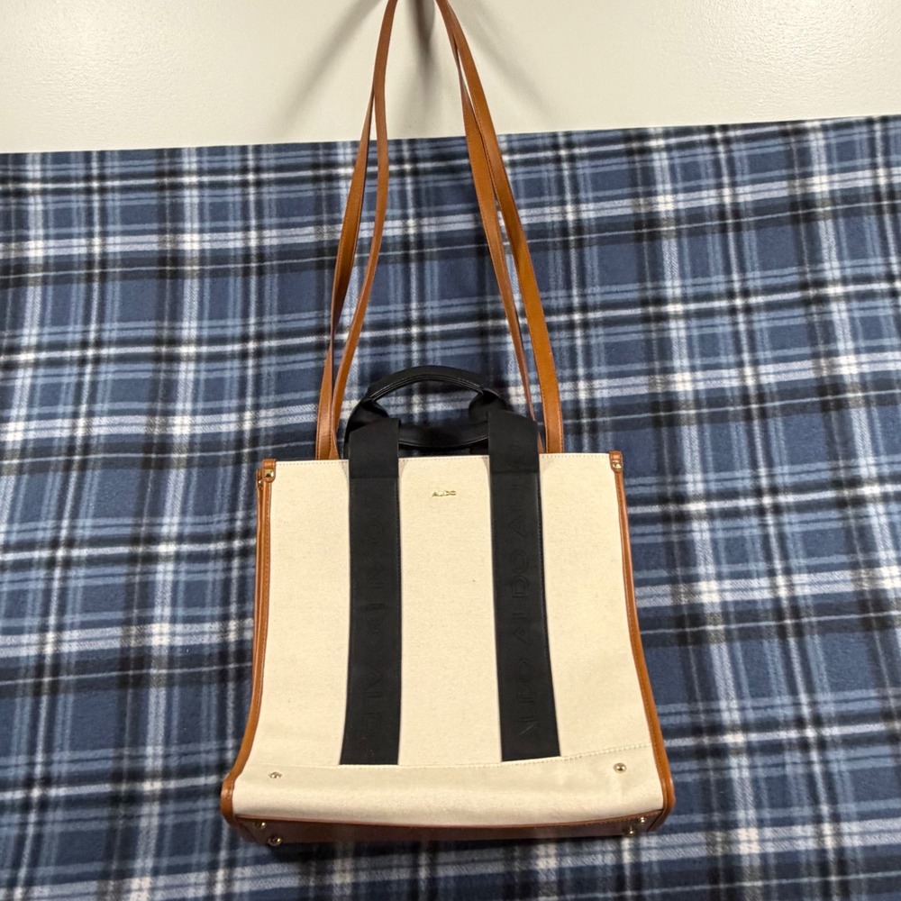 Aldo Canvas Tote Bag Cream Brown Black Logo Webbing Shoulder Bag Large Handbag